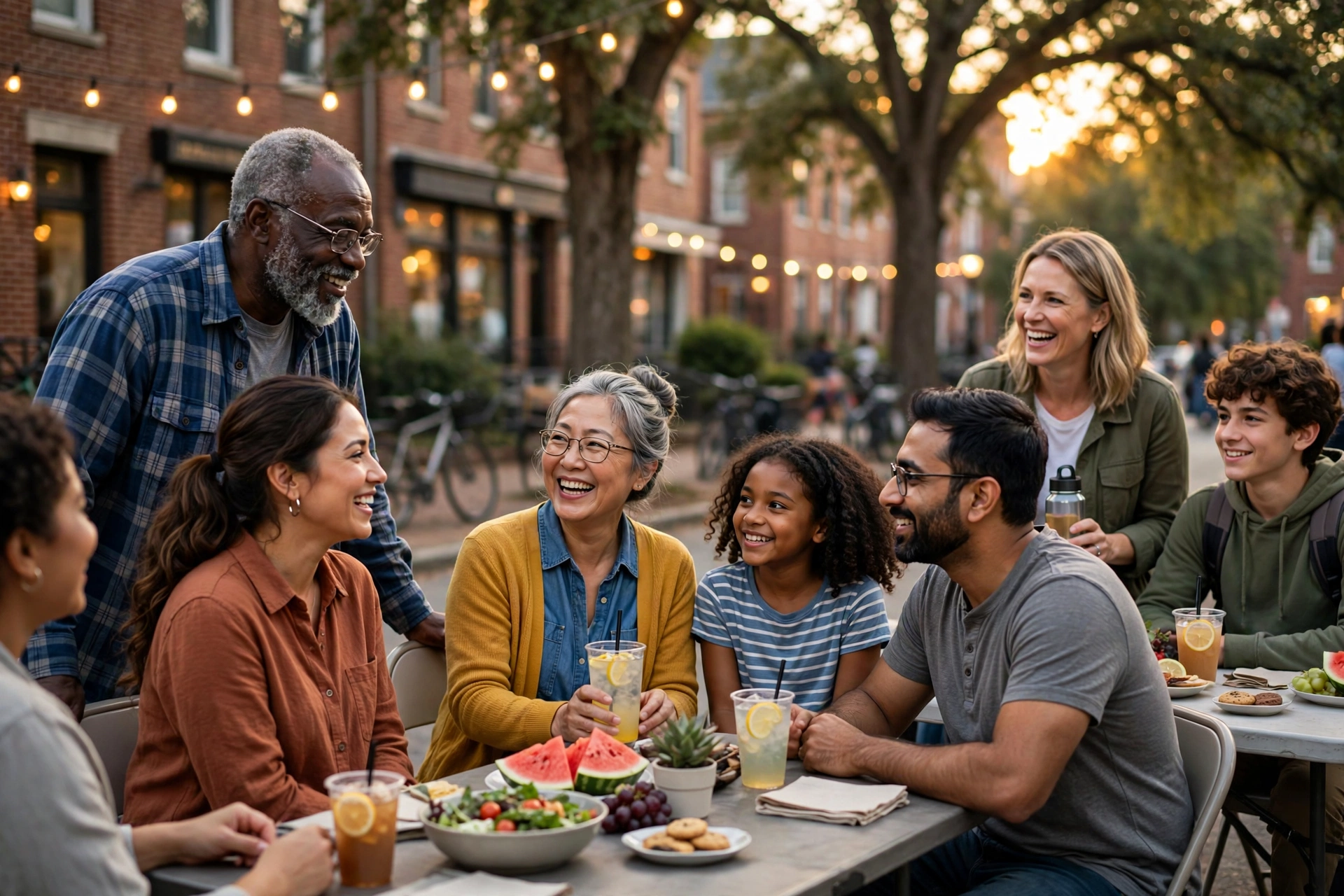 Neighbors of all ages gathered together at an outdoor community celebration at golden hour