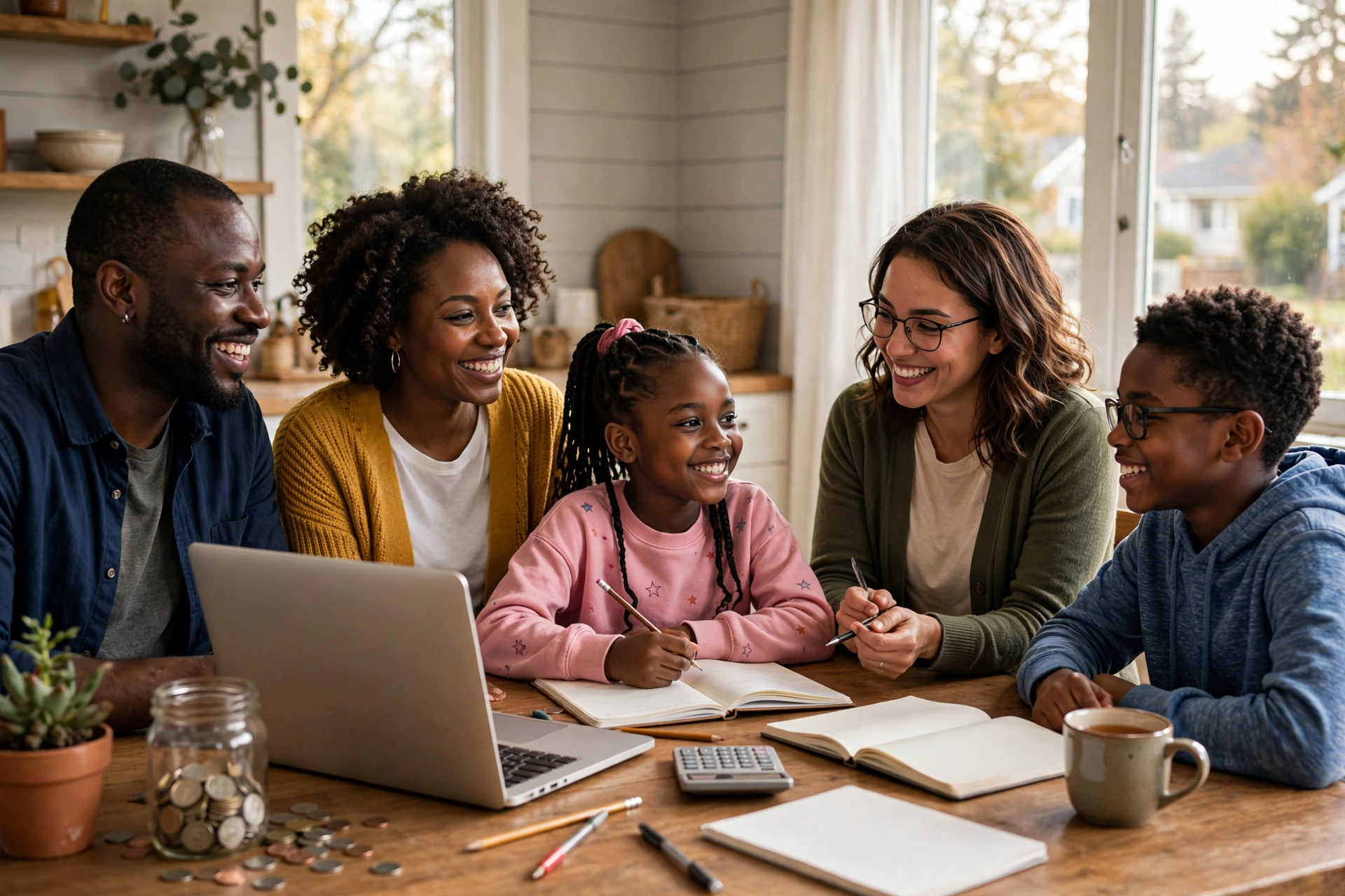 A family learning money skills together at the kitchen table with a financial coach