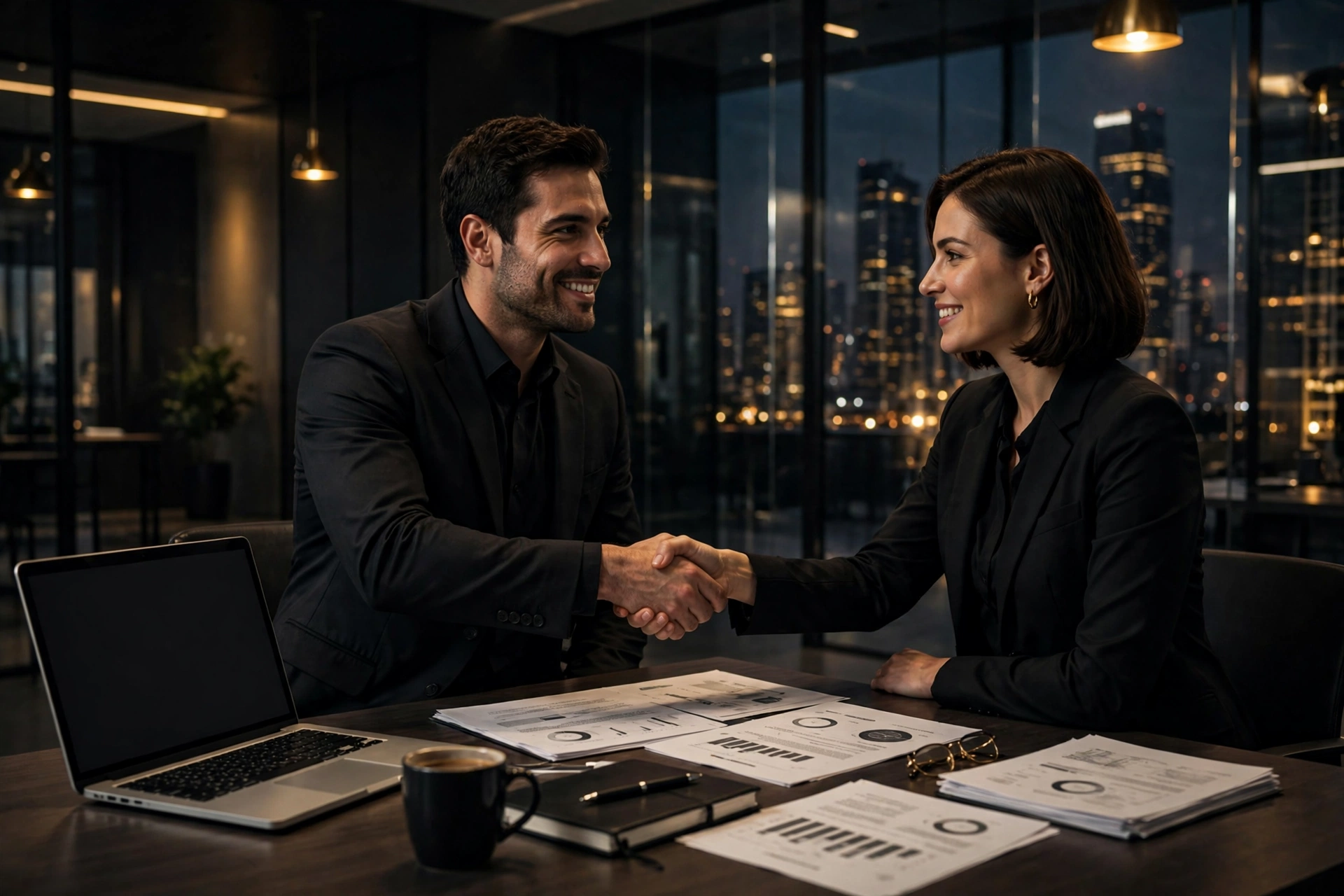 Two business professionals in suits shaking hands over a desk with a laptop and business documents in a modern office overlooking the city skyline at night